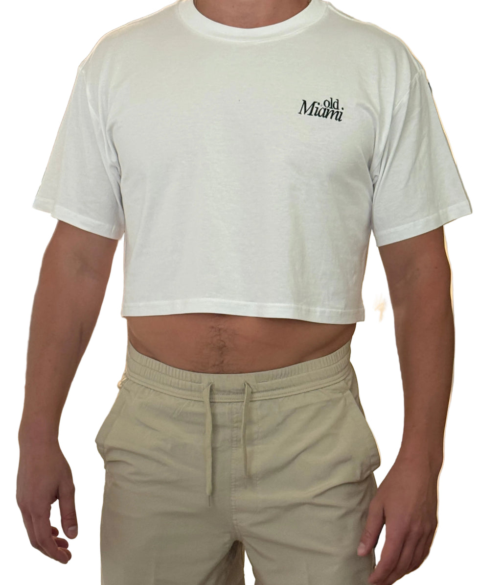 Old Miami White Buttersoft Long Crop Tee with Black Embroidery (unisex)
