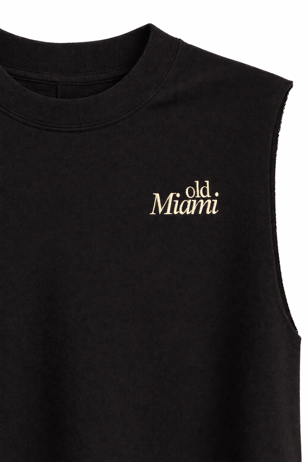 Old Miami Unisex Black Muscle Tee with Cream Embroidery
